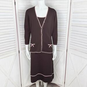 Max Studio Cardigan Sleeveless Shift Midi Dress Set Brown Pink Small
